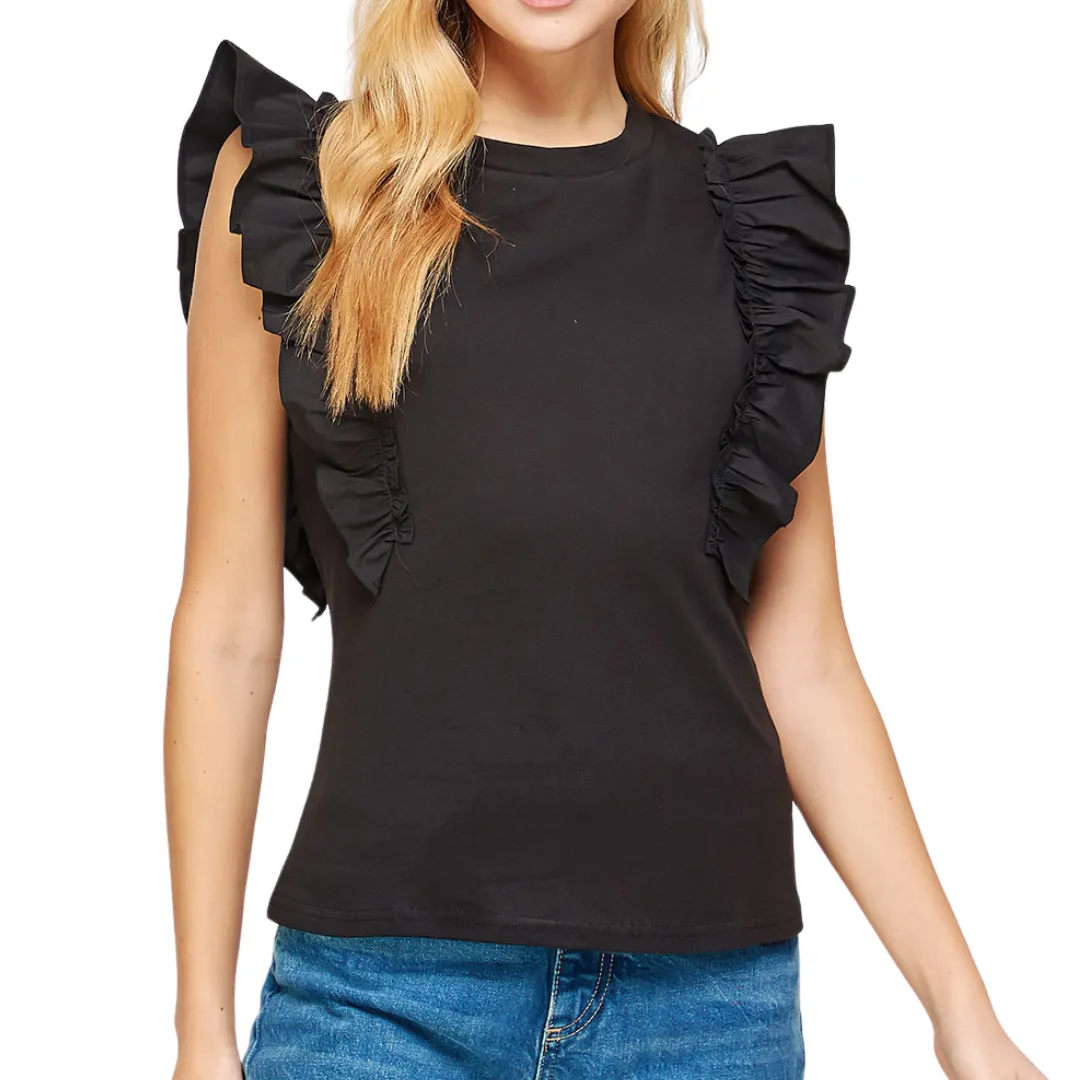 POPLIN RUFFLE SLEEVELESS TOP BLACK