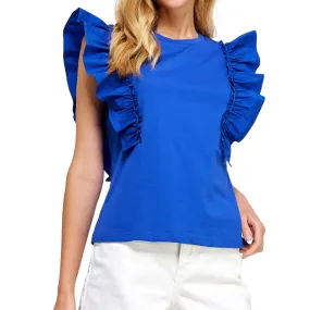 POPLIN RUFFLE SLEEVELESS TOP BLUE