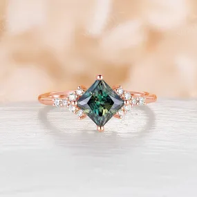 Princess cut Green Moissanite Cluster Engagement Ring Rose Gold