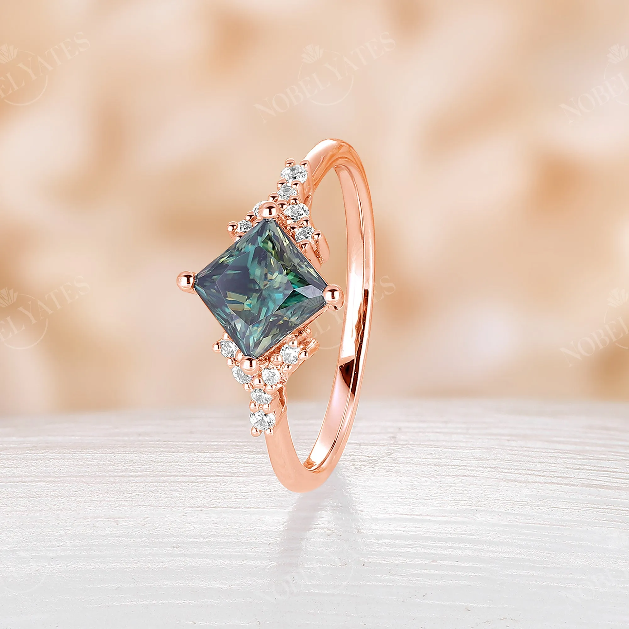 Princess cut Green Moissanite Cluster Engagement Ring Rose Gold