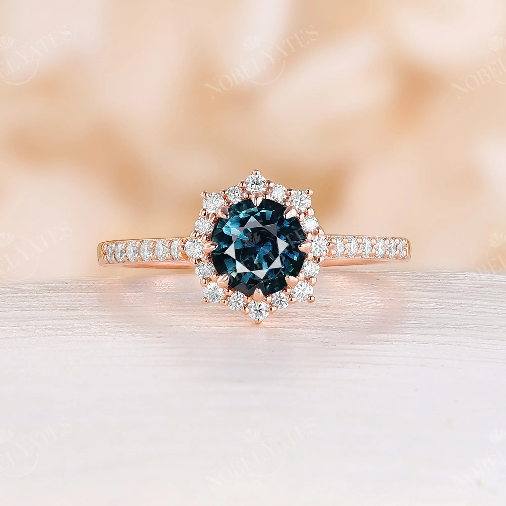 Rose Gold Natural Blue Green Sapphire Engagement Ring