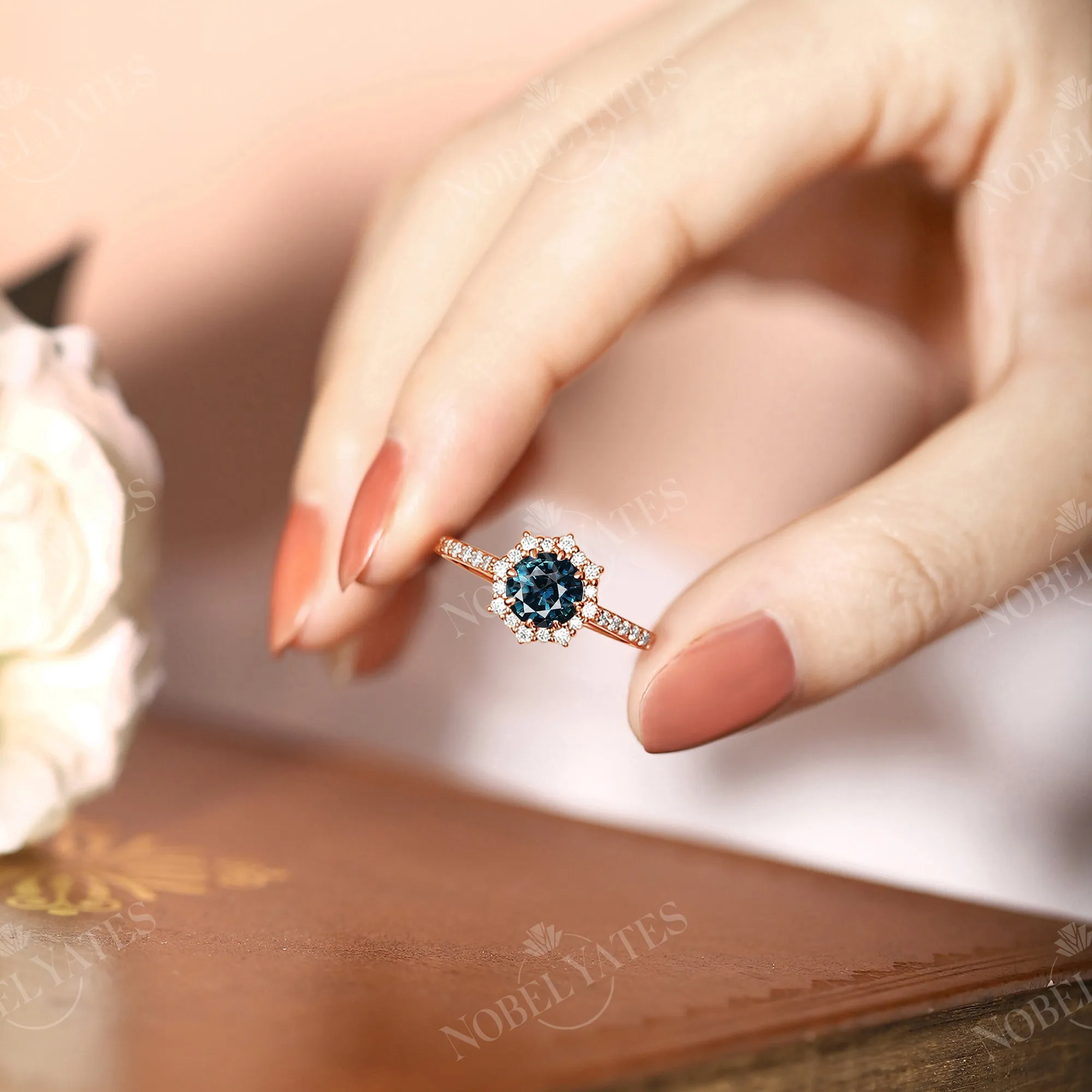 Rose Gold Natural Blue Green Sapphire Engagement Ring