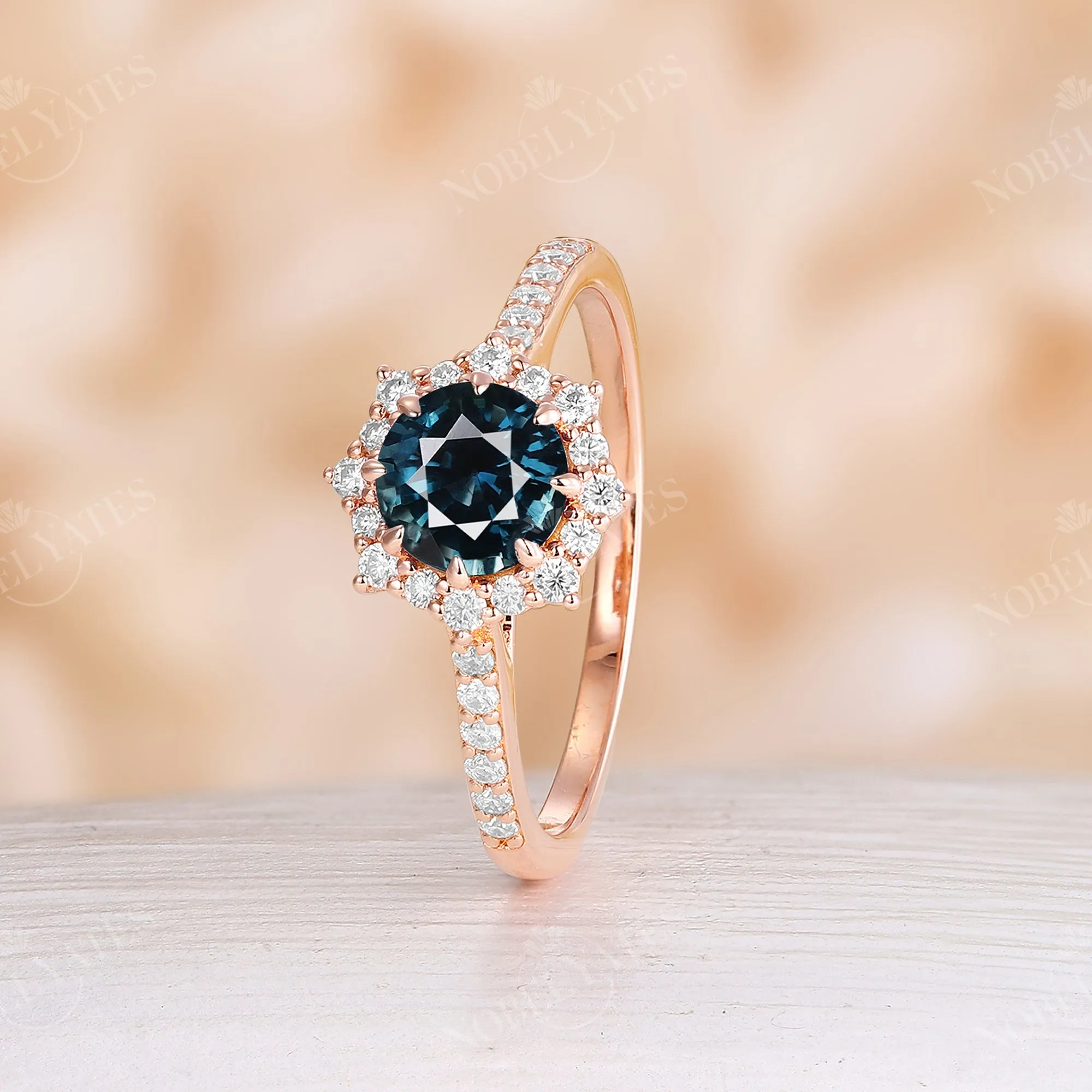 Rose Gold Natural Blue Green Sapphire Engagement Ring