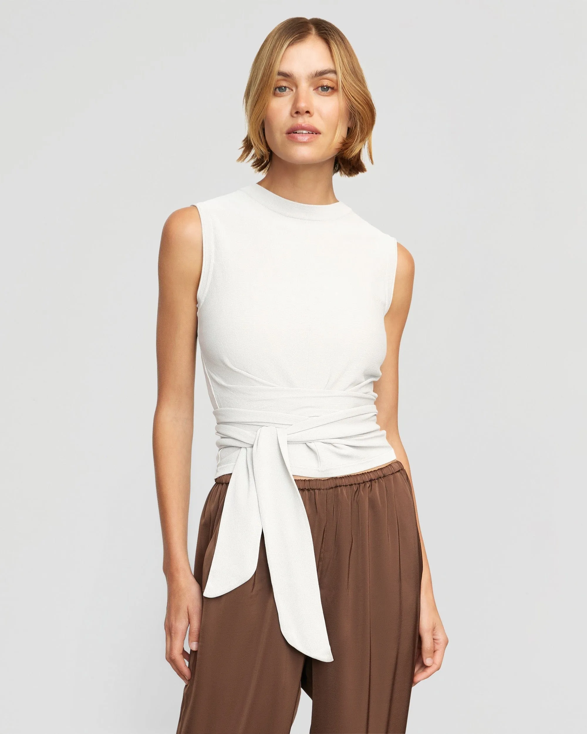 Rumi Cropped Sleeveless Wrap Top | White