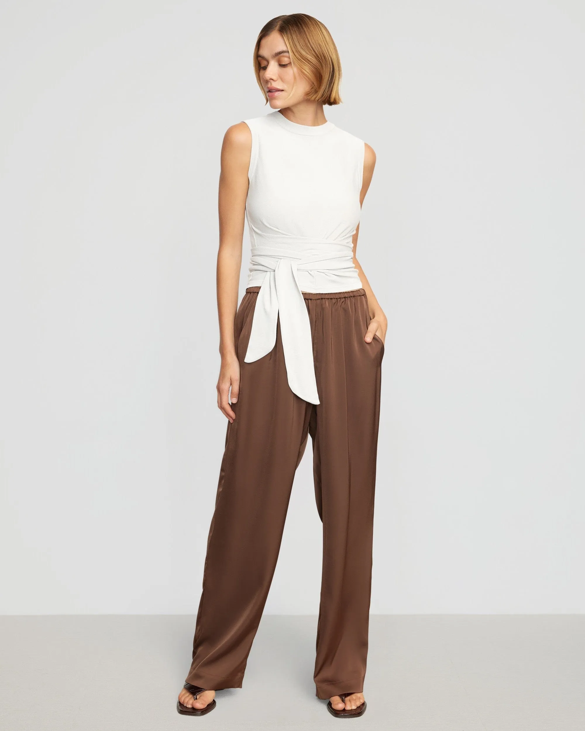 Rumi Cropped Sleeveless Wrap Top | White