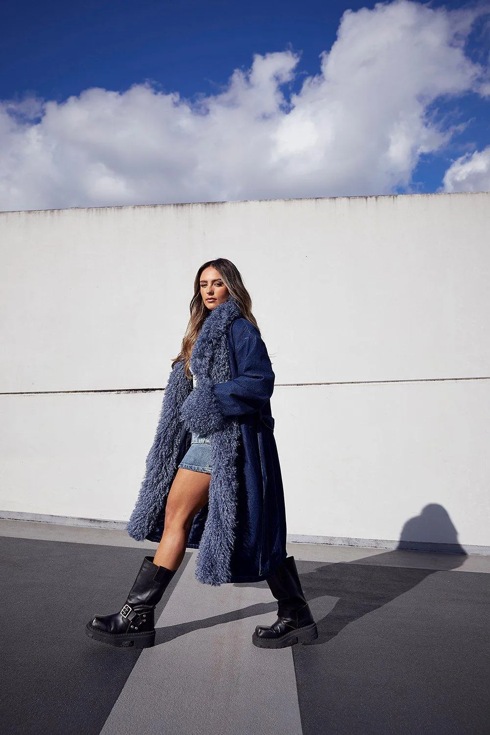 Shaggy Faux Fur Trim Denim Trench Coat