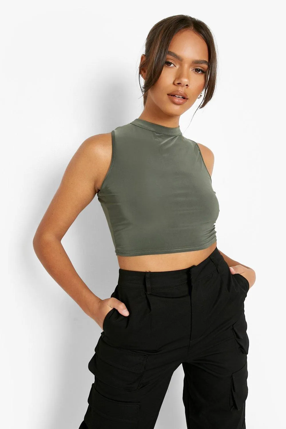 Slinky High Neck Sleeveless Crop Top