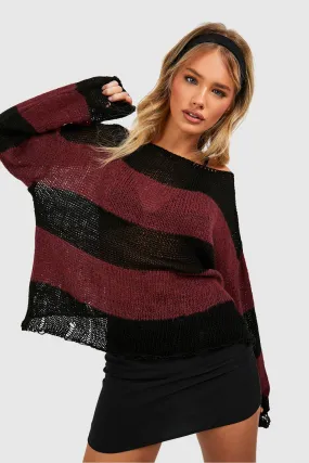 Soft Knit Distressed Slouchy Stripe Sweater