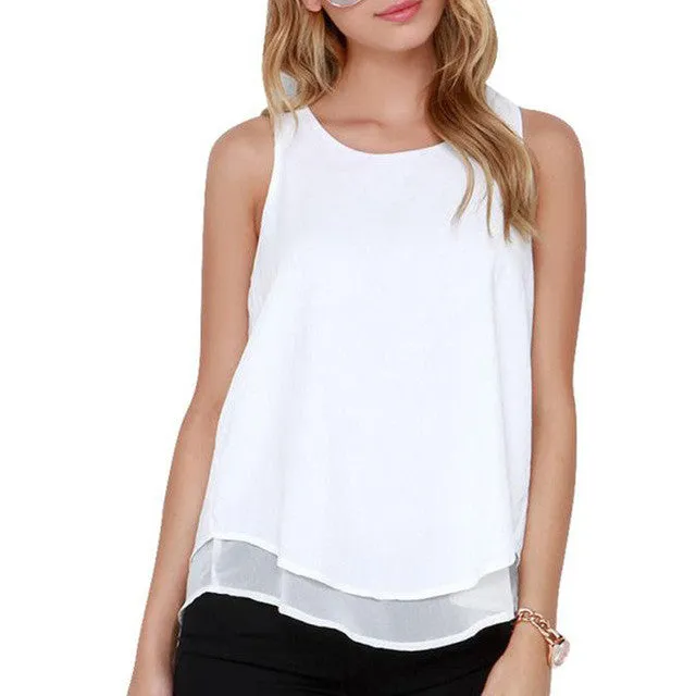 T Shirt Women   Women White Chiffon Shirts O Neck Sleeveless T Shirt Women Female Top Camisetas Mujer SM6