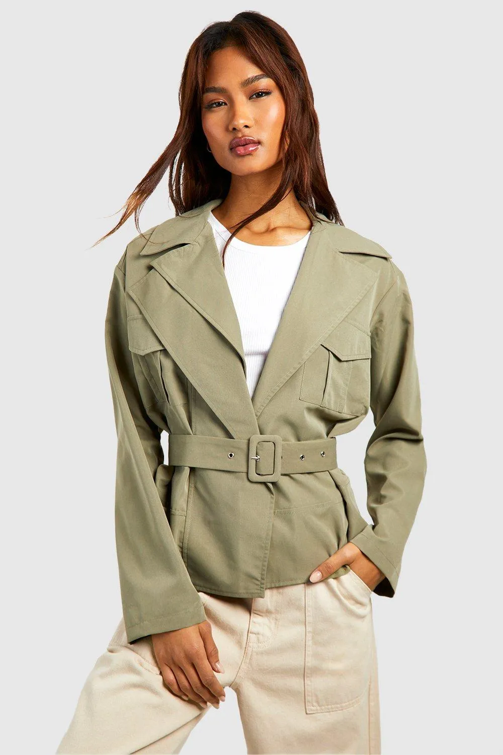 Tall Crop Belted Utility Trench Coat