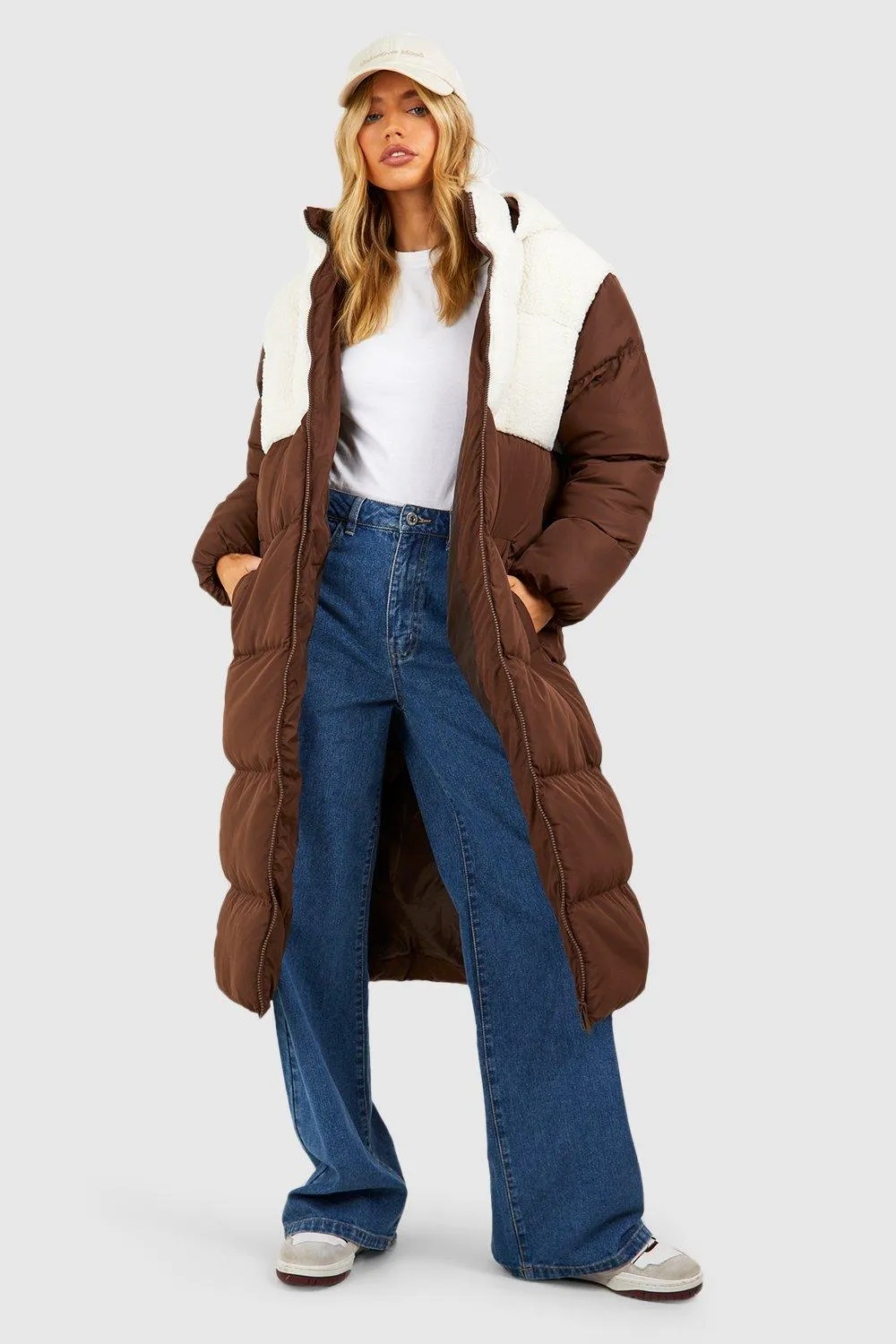 Teddy Paneled Longline Puffer Jacket