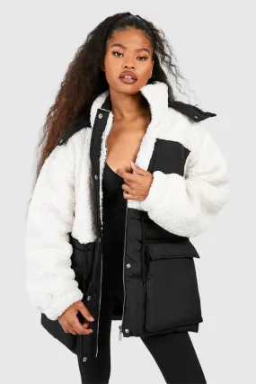 Teddy Puffer Jacket With Nylon Pocket