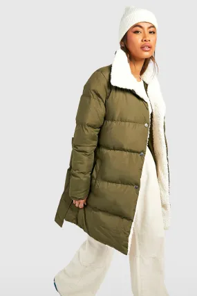 Teddy Trim Wrap Belted Puffer Jacket