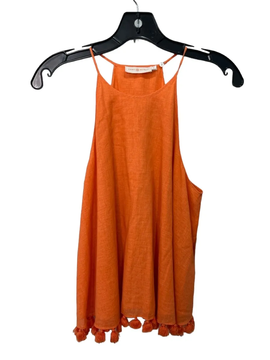 Tory Burch Size 4 Orange Cotton Line Sleeveless Thin Strap Tassle Hem Top