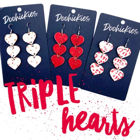 Triple Corkie Heart Drop Earrings - Solid Red