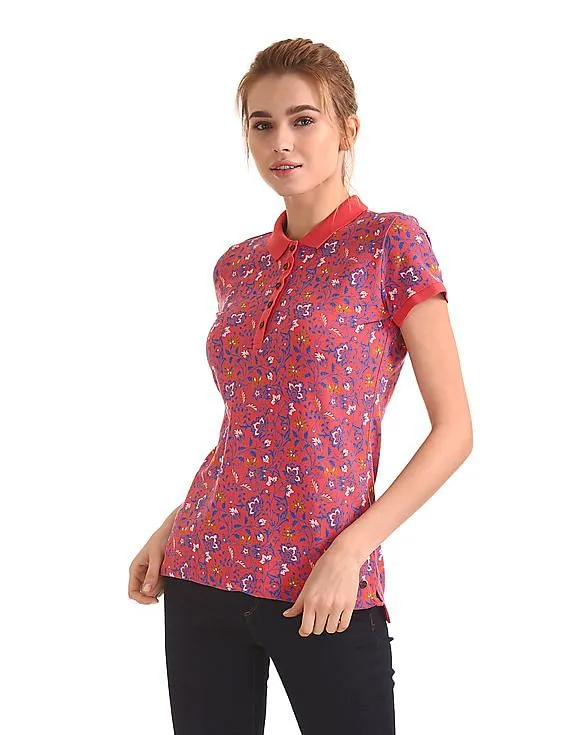 U.S. Polo Assn. Women Ribbed Collar Printed Polo Shirt