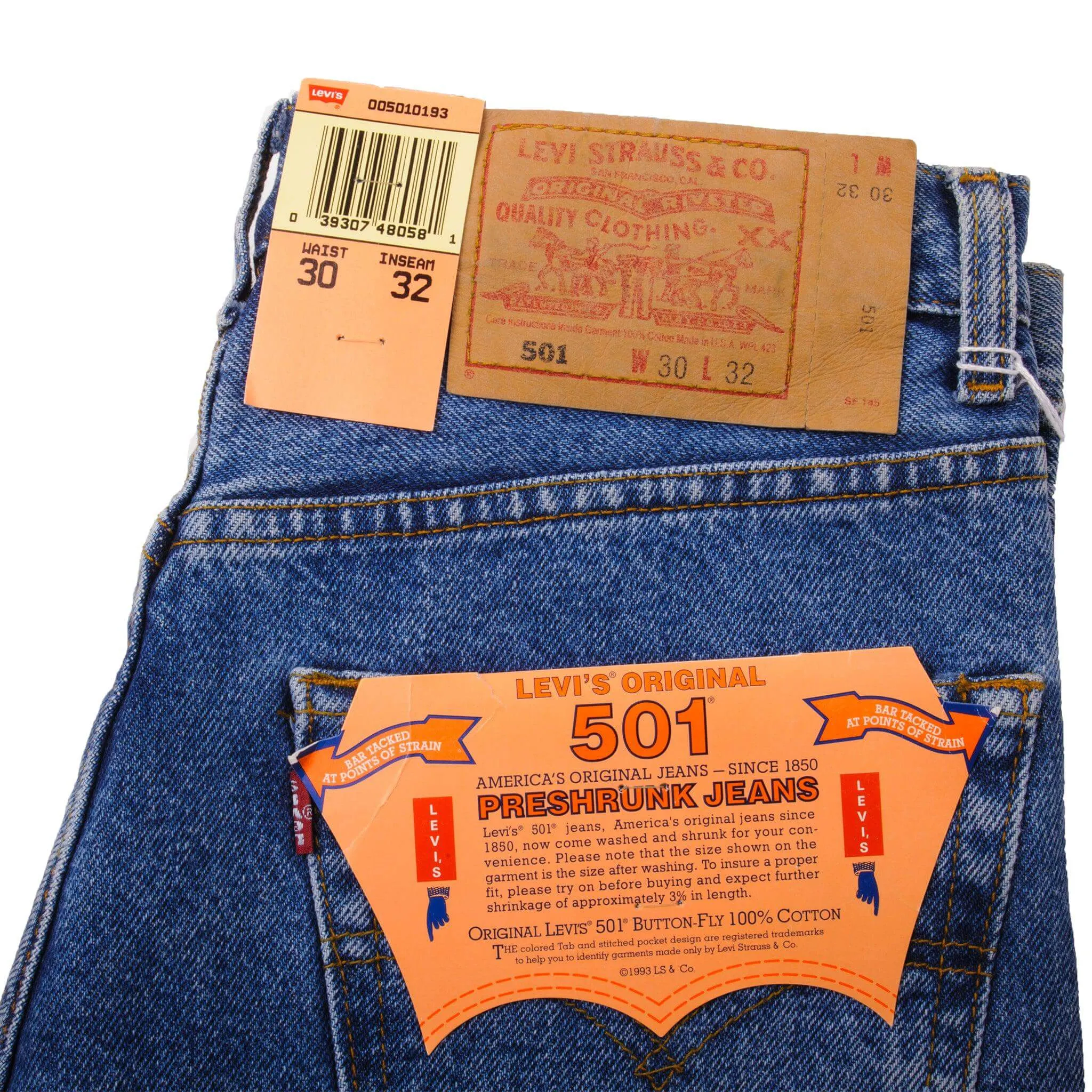 VINTAGE LEVIS 501 PRESHRUNK JEANS 1993 SIZE 30X32 W30 L32 MADE IN USA DEADSTOCK