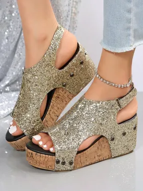 Women's Gold Glitter Platform Wedge Sandals