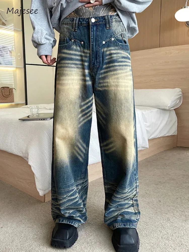 Xituodai Wide Leg Jeans Men Bleached Do Old Retro Handsome Japanese Style  Baggy Prevalent Hipster Advanced Youthful Vitality Da