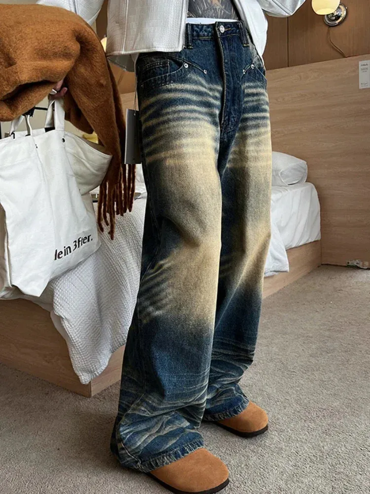 Xituodai Wide Leg Jeans Men Bleached Do Old Retro Handsome Japanese Style  Baggy Prevalent Hipster Advanced Youthful Vitality Da