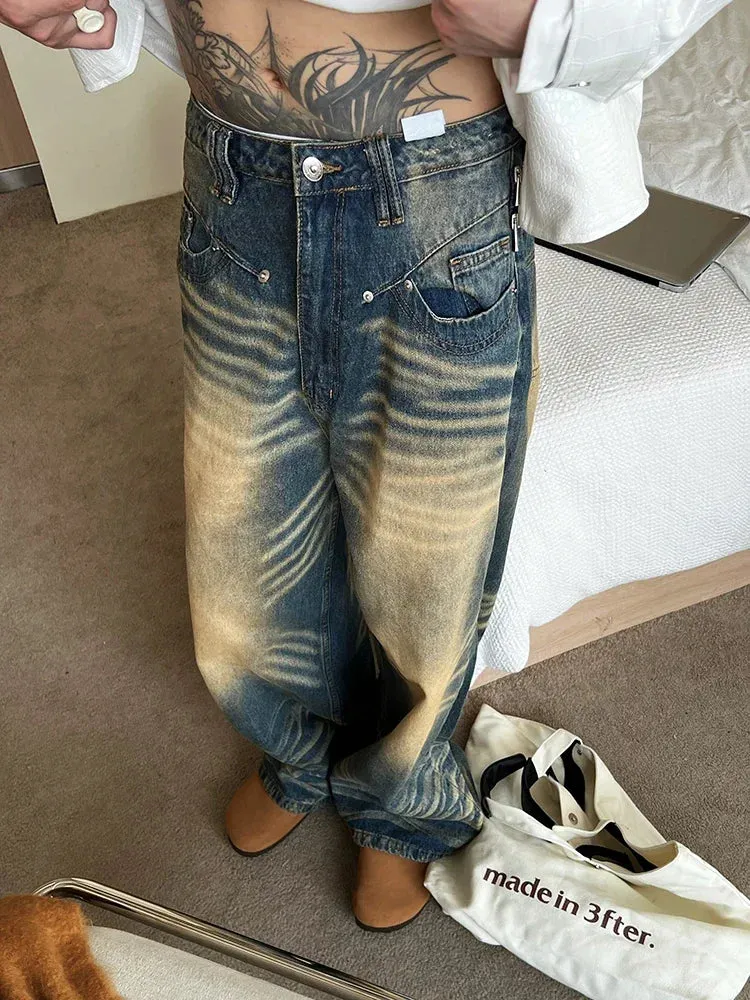 Xituodai Wide Leg Jeans Men Bleached Do Old Retro Handsome Japanese Style  Baggy Prevalent Hipster Advanced Youthful Vitality Da