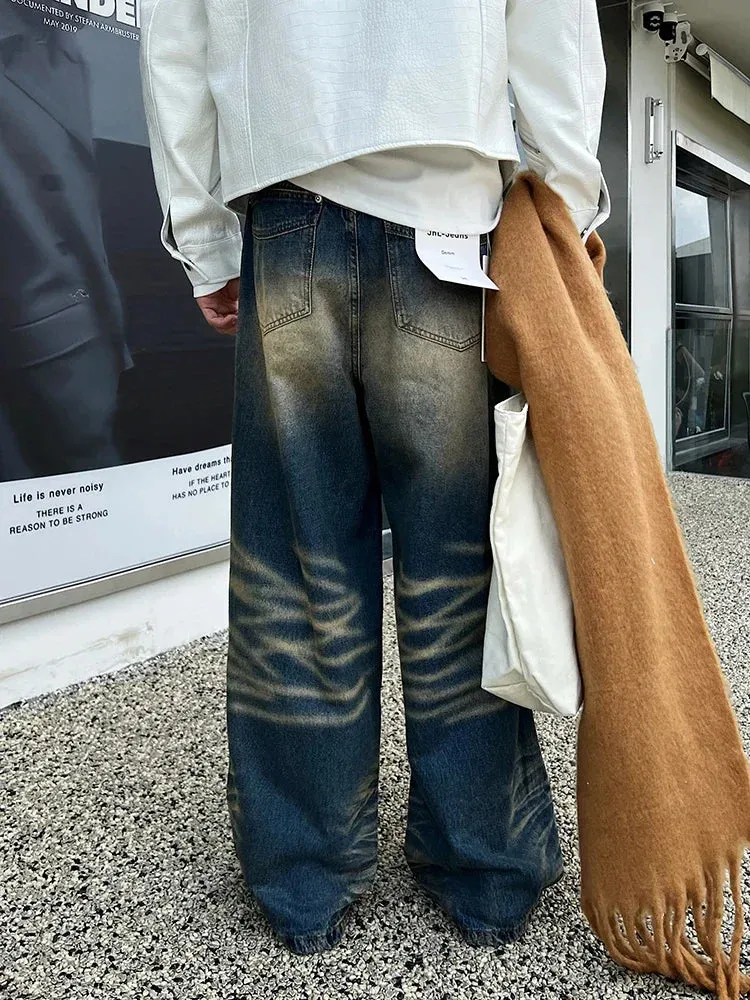 Xituodai Wide Leg Jeans Men Bleached Do Old Retro Handsome Japanese Style  Baggy Prevalent Hipster Advanced Youthful Vitality Da