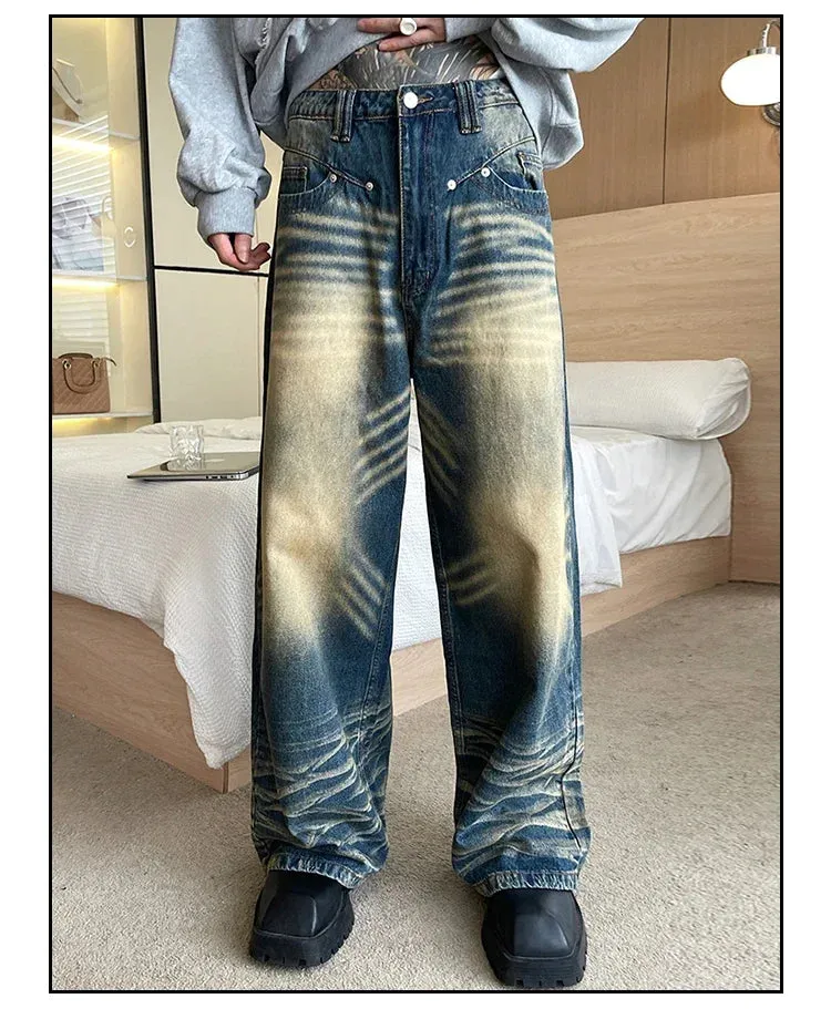 Xituodai Wide Leg Jeans Men Bleached Do Old Retro Handsome Japanese Style  Baggy Prevalent Hipster Advanced Youthful Vitality Da